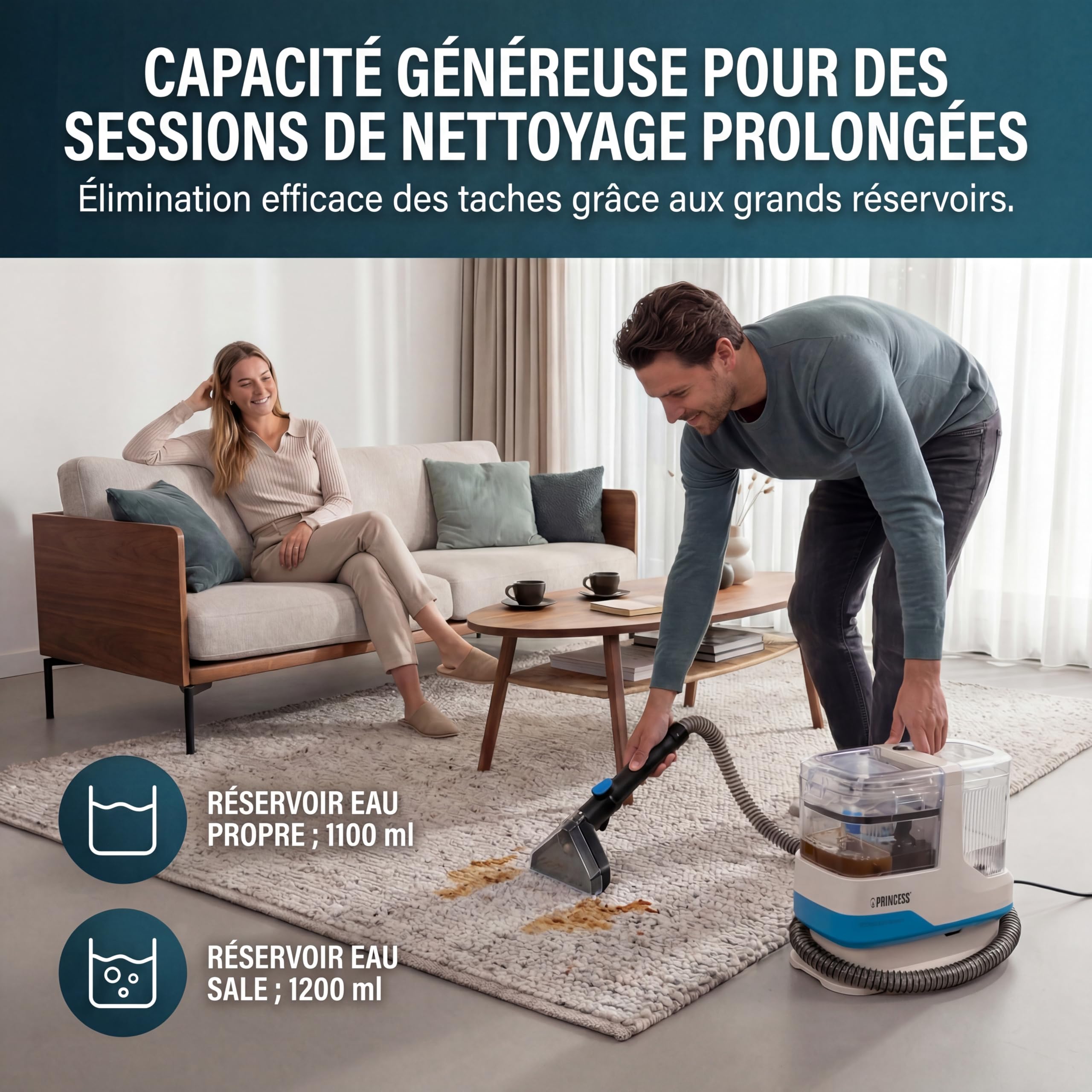 Princess Spot Master Nettoyeur de taches à froid, 600 W, réservoir d’eau propre 1100 ml, compact et léger, pour tapis et tissus d’ameublement, 01.332013.01.001
