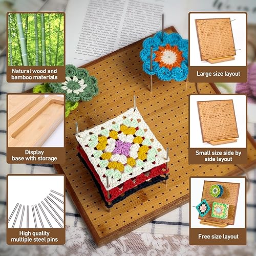 Miniatura 3 de Tabla de bloqueo de ganchillo de 11.8 pulgadas con 20 pinesclavijas, tabla de bloqueo para tejer a ganchillo, tablas de bloqueo cuadradas de bambú