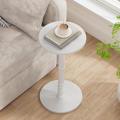 Miniatura 9 de Juego de 2 mesas auxiliares redondas, pilar de madera maciza con parte superior y base de madera, mesa decorativa para bebidas pequeñas para sala de