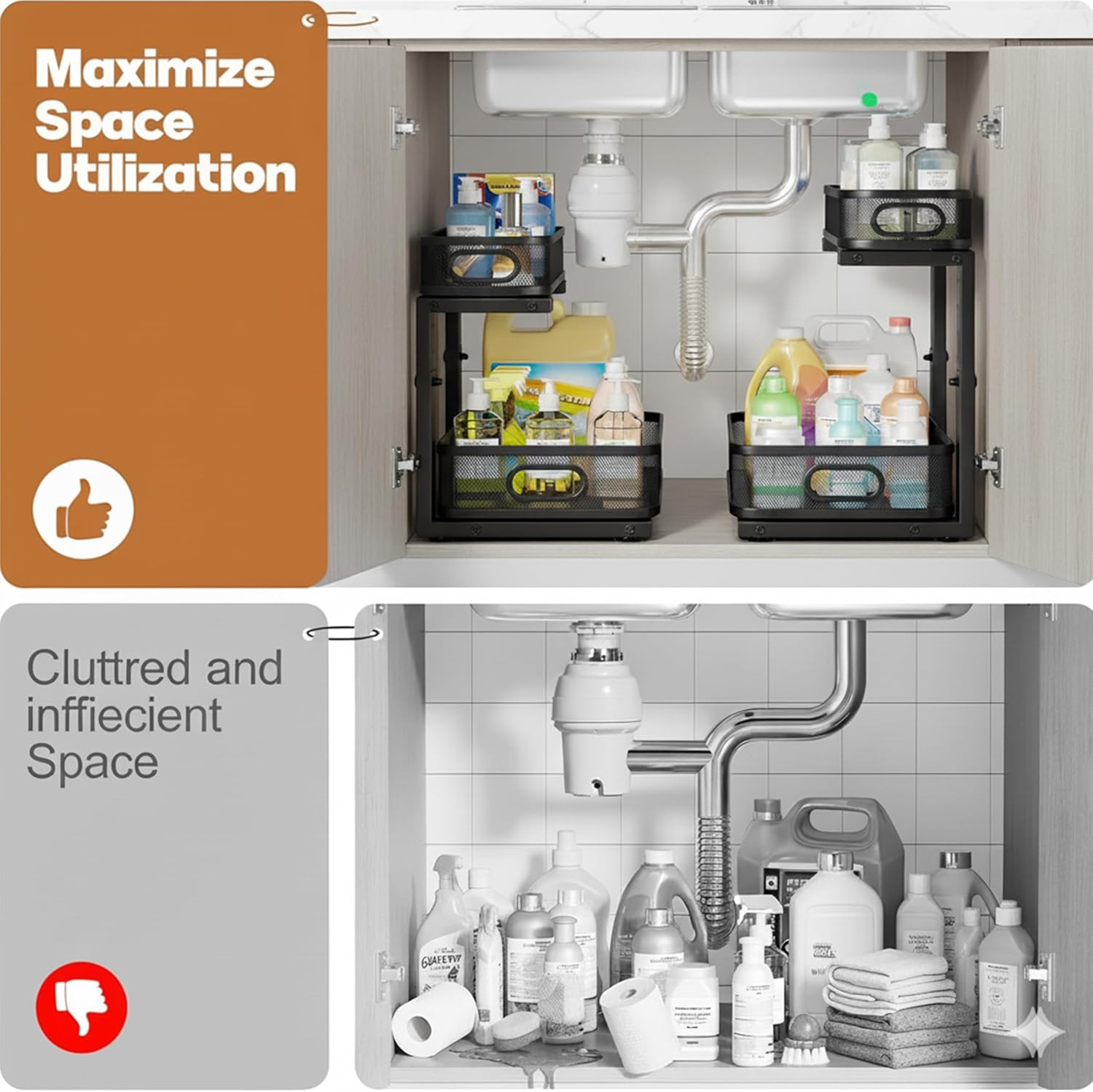 2 Pack Under Sink Organizer, Dual-Layer Pull Out Mesh Cabinet Rack with 5-Level Height Adjustment, Rust-Resistant Sliding Storage for Bathroom & Kitchen, Multi-Purpose 2-Tier Shelf(Black)