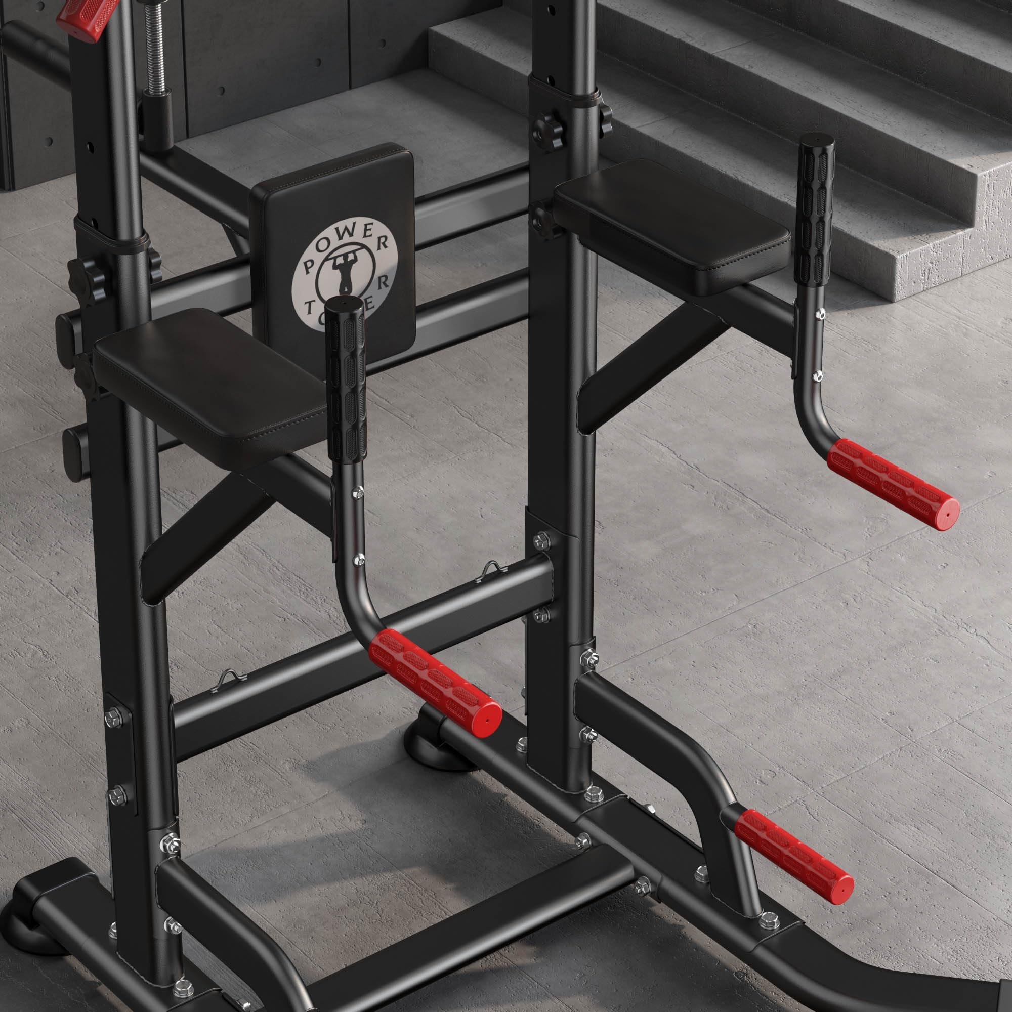 sogesfurniture Power Tower, Dip Station, estación de fuerza multifuncional con barra de dominadas y asas para flexiones, pelota de boxeo, altura regulable de 188 – 230 cm