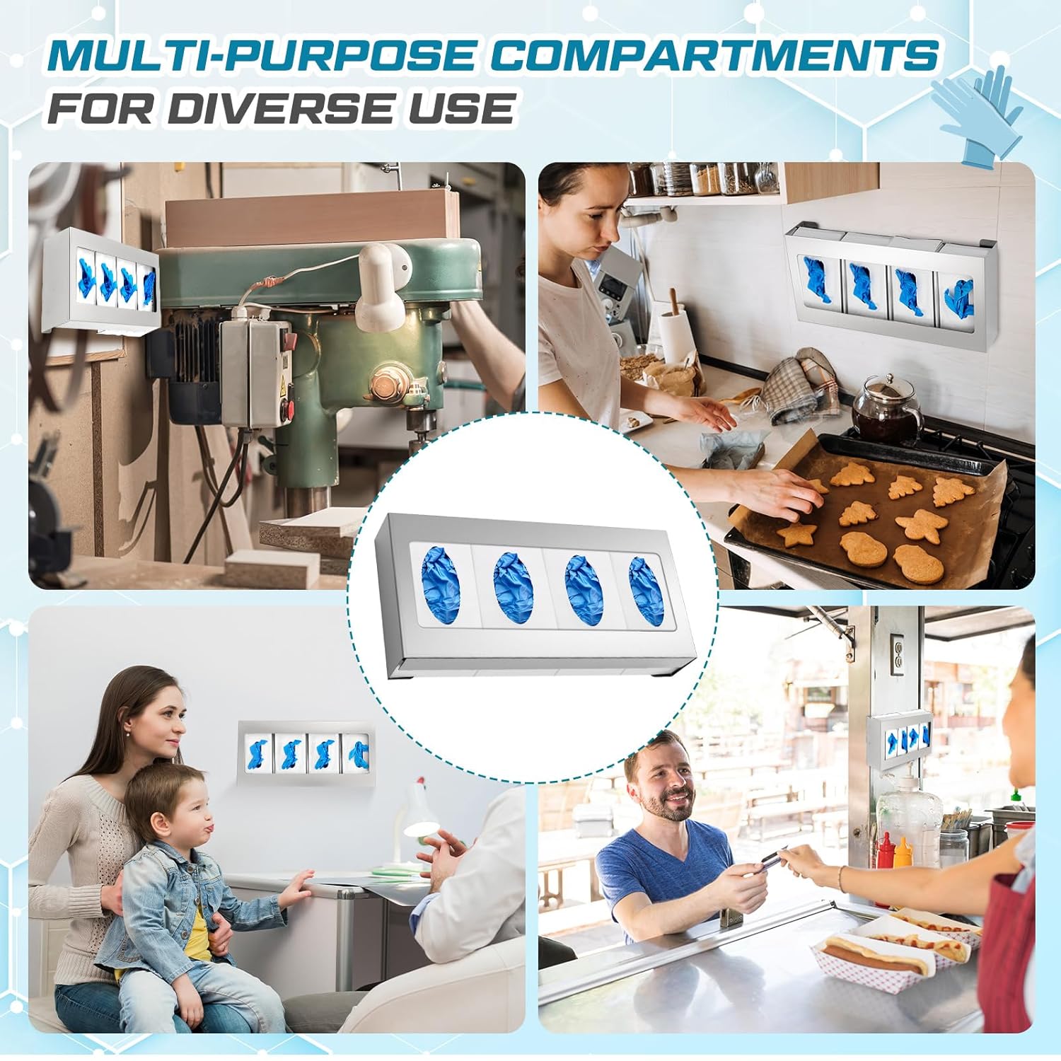 Blulu 1 Pack Glove Box Holder/Dispenser Stainless Steel Quad Wall Mounted Glove Box Organizer,10"H x 21"W x 3 3/4"D