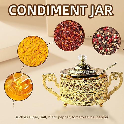 Miniatura 6 de Flylin Azucarero, azucarero turco con tapa y cuchara para galletas de caramelo, miel, tarro de condimentos de vidrio vintage dorado para el hogar y
