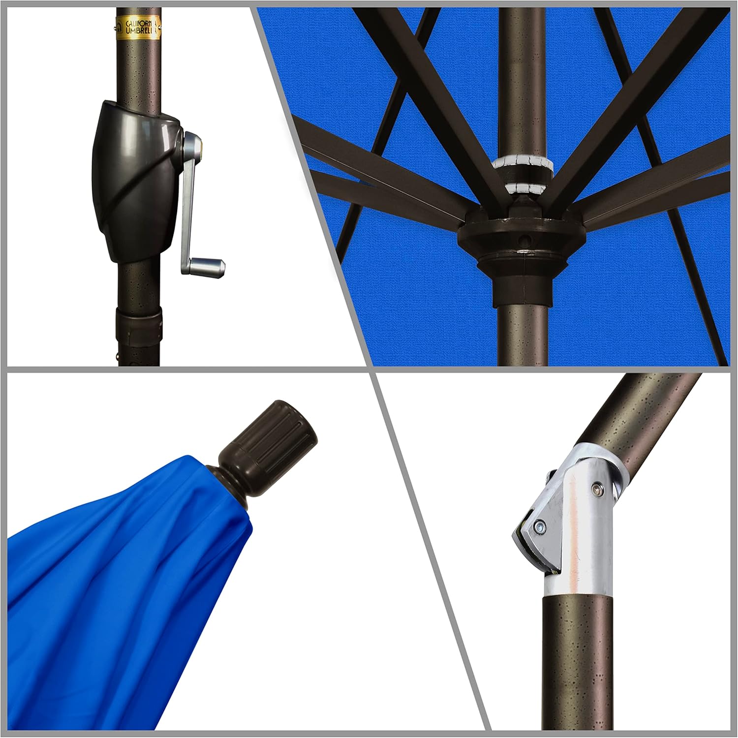California Umbrella 7.5' Round Aluminum Market Umbrella, Crank Lift, Push Button Tilt, Bronze Pole, Olefin Royal Blue