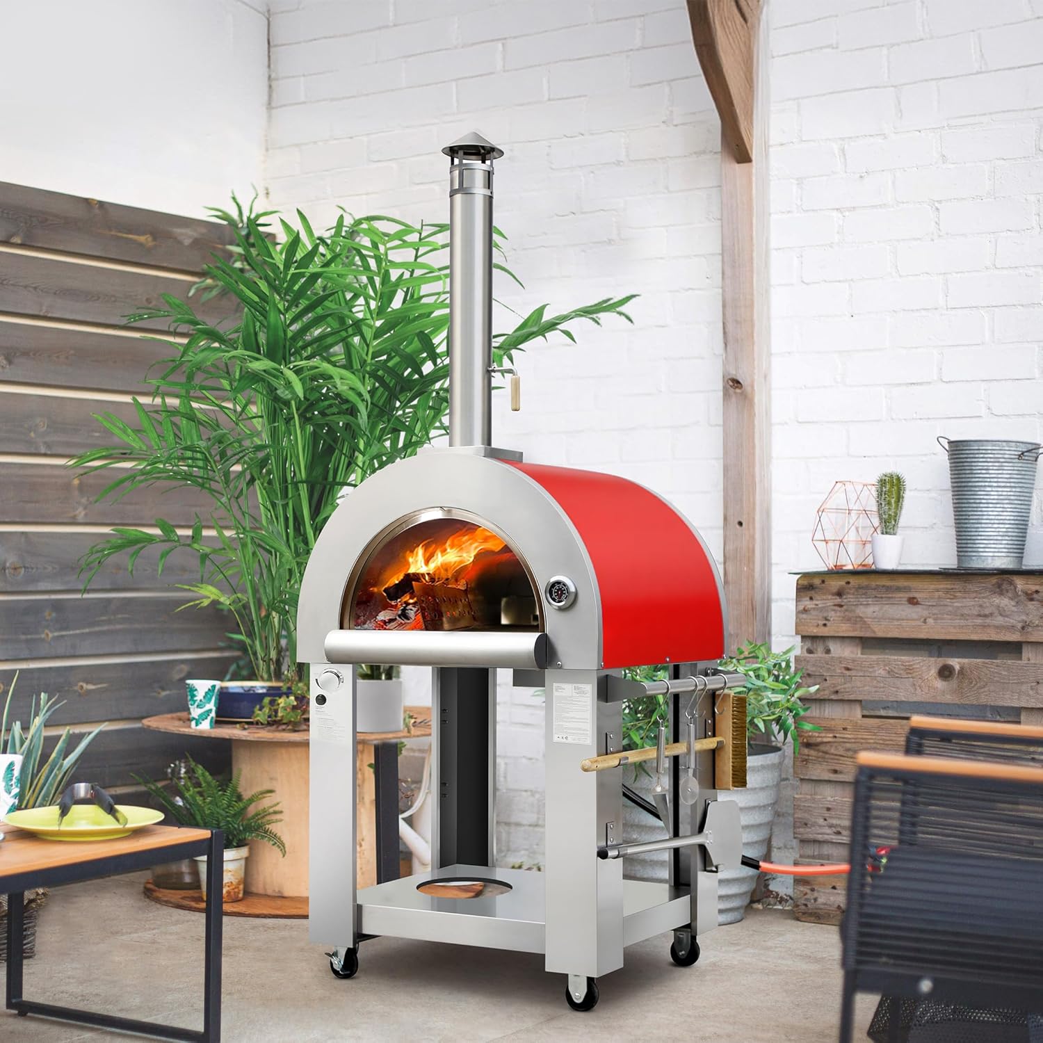 KOSTCH 32.5 inch Wood Fired and Propane Gas Pizza Oven for Outdoor Kitchen in Stainless Steel, Large Pizza Oven for Outside, Yard and Party (Red with Cover)