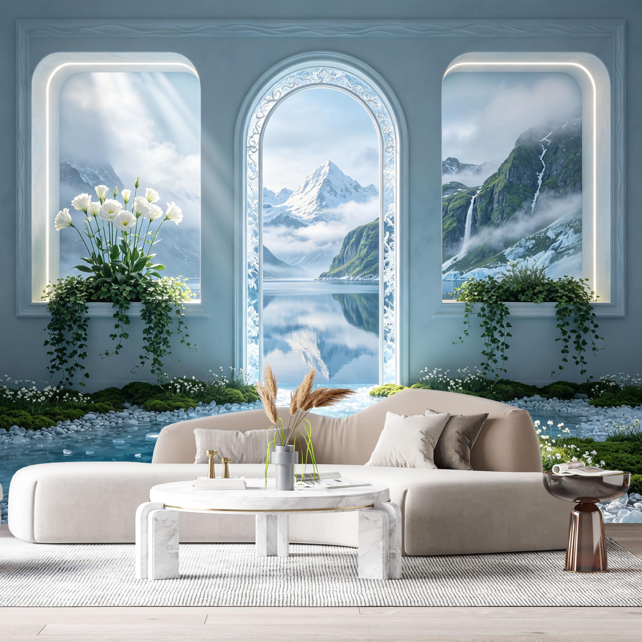 Custom Size Wall Murals Mountain Lake Waterfall Archway 3D Trompe L'Oeil Contemporary SelfAdhesive Wall Fabric Removable Large Wallpaper for Photo Living Room