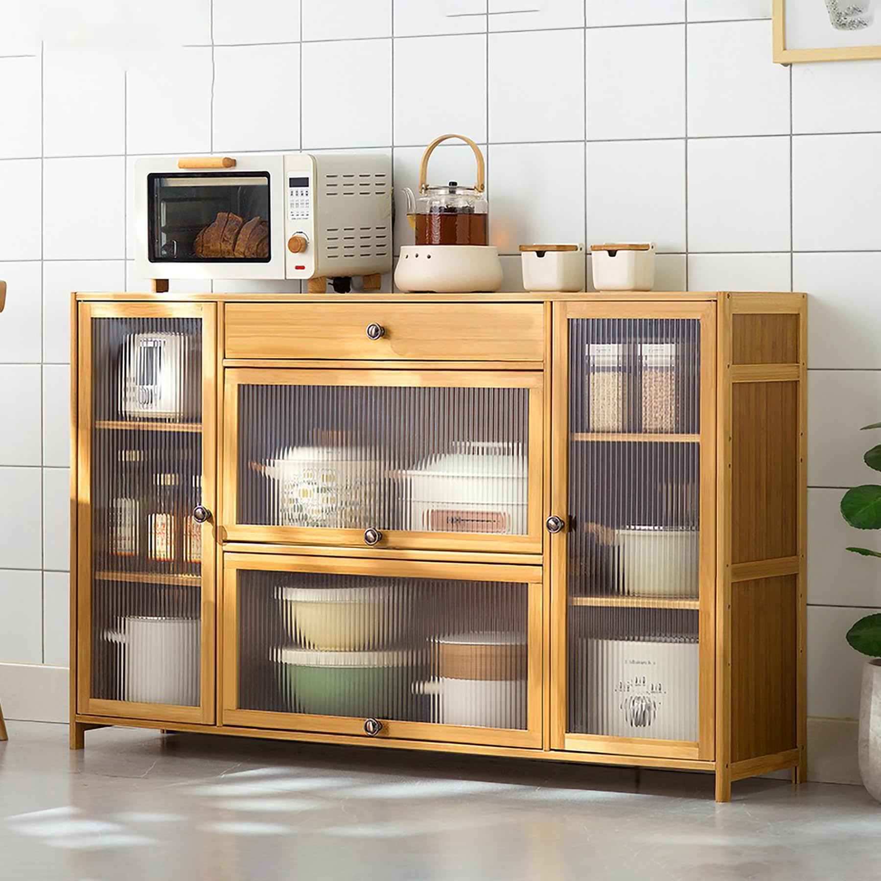 Credenza para cafetería y comedor con estantería multicapa y vitrina de diseño rústico