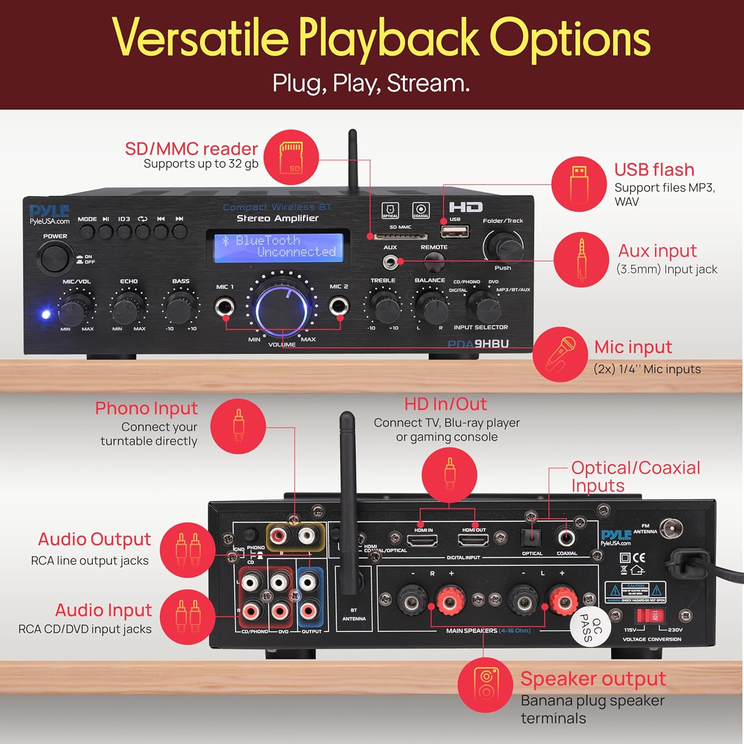 Rear panel of the Pyle PDA9HBU amplifier showing various audio and video input/output ports