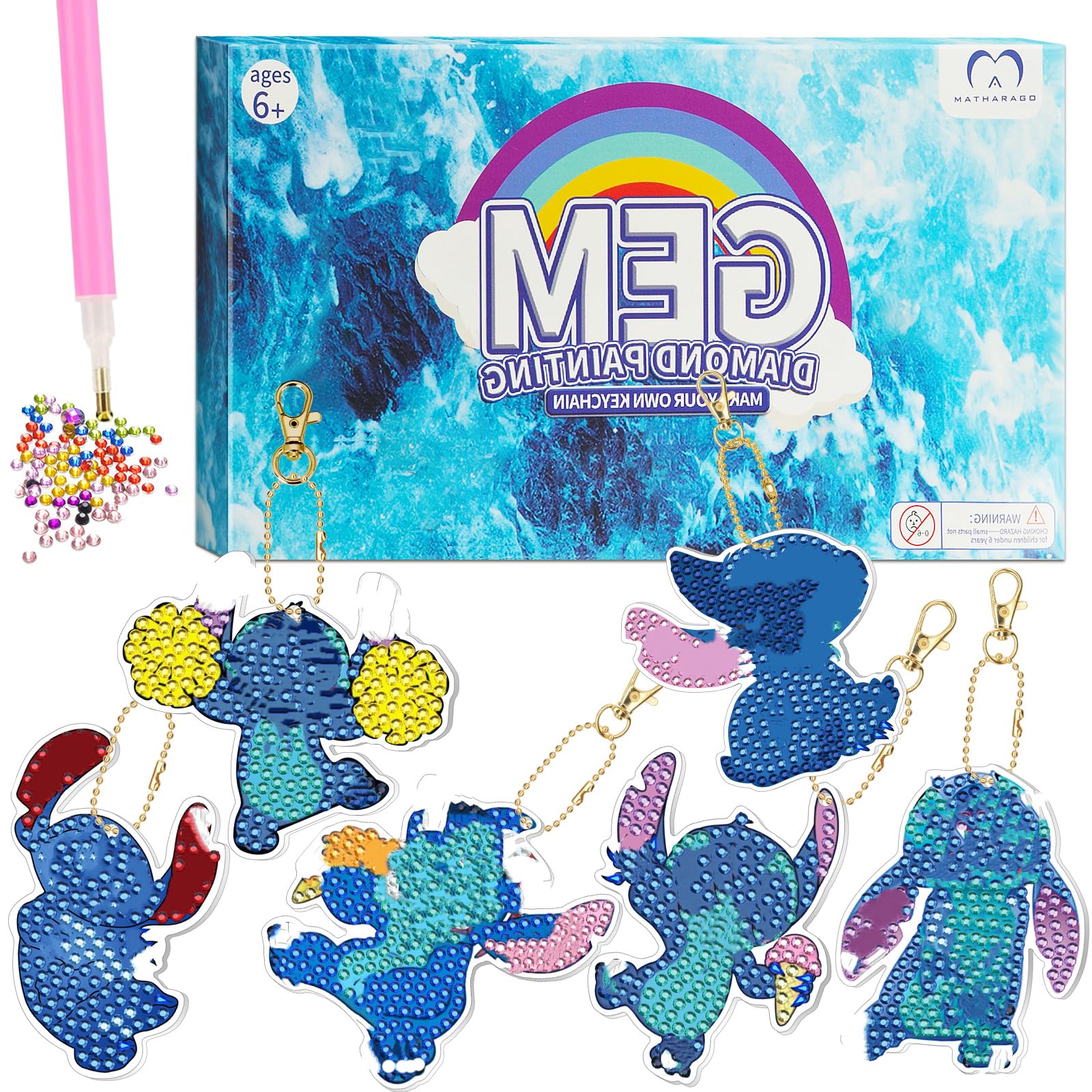 MATHARAGO Diamond Art for Kids 6 Pcs DIY Diamond Painting Cartoon Keyrings Set, Painting by Number Gem Keychains Craft Kits for Kids Ages 6-12, Gifts for Birthday, Back to School