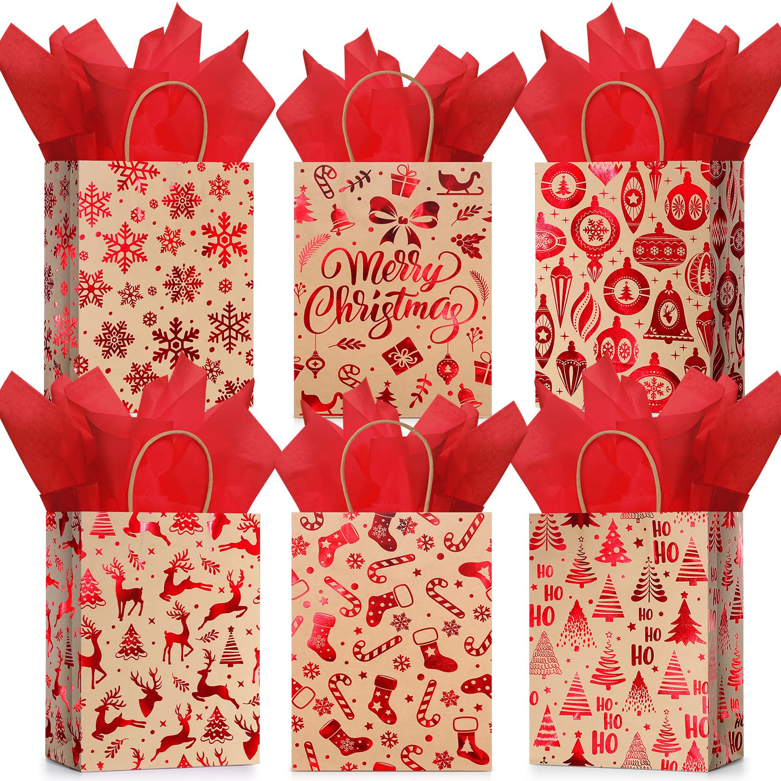 24 bolsas de regalo de Navidad con papel de seda, bolsas de regalo de Navidad con asas a granel para envolver regalos de Navidad, suministros de fiesta de vacaciones (copo de nieve rojo, mediano)