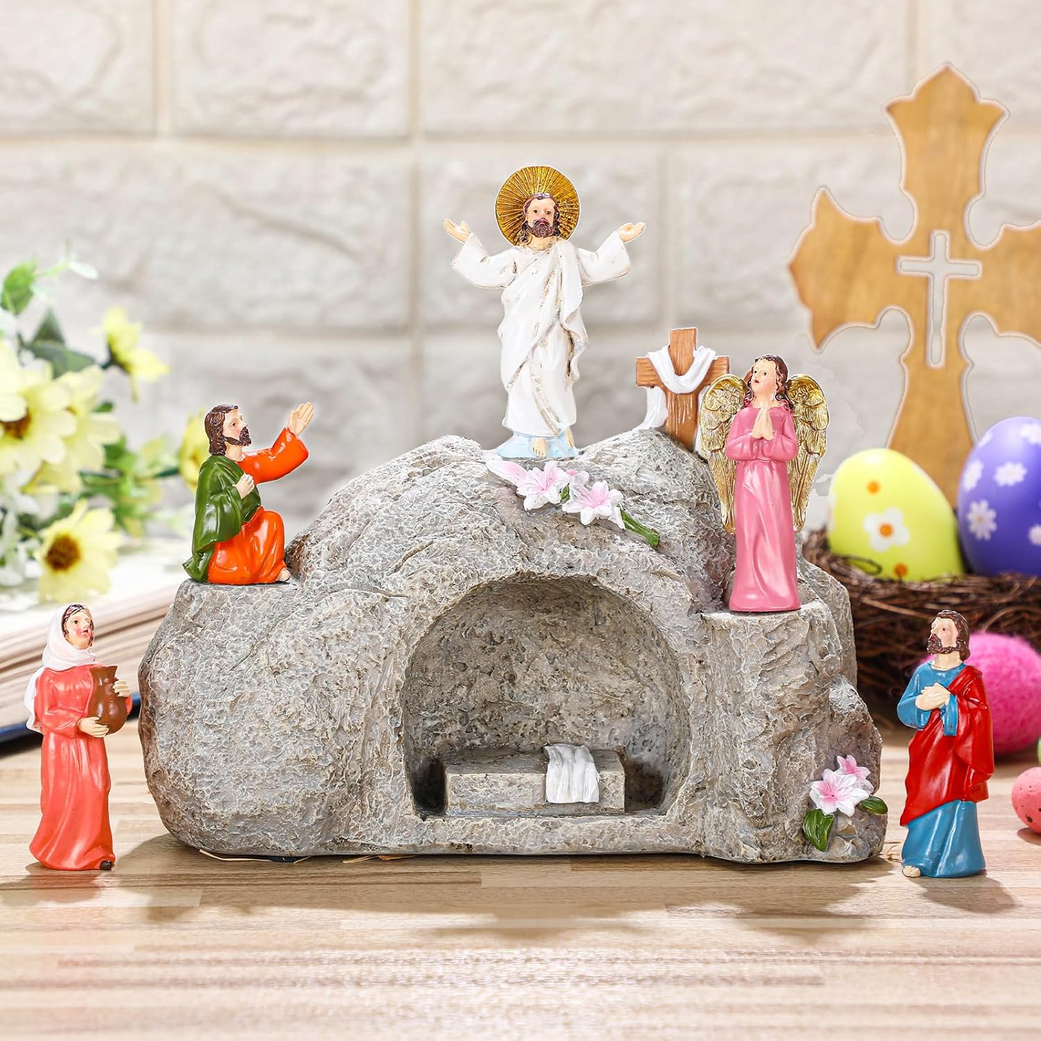 Wesiti 6 Pcs Easter Resurrection Scene Set He is Risen Easter Decor Jesus Nativity Scene Decor Religious Christian Figurines Empty Tomb for Spring Tabletop Home Office Centerpieces Gifts