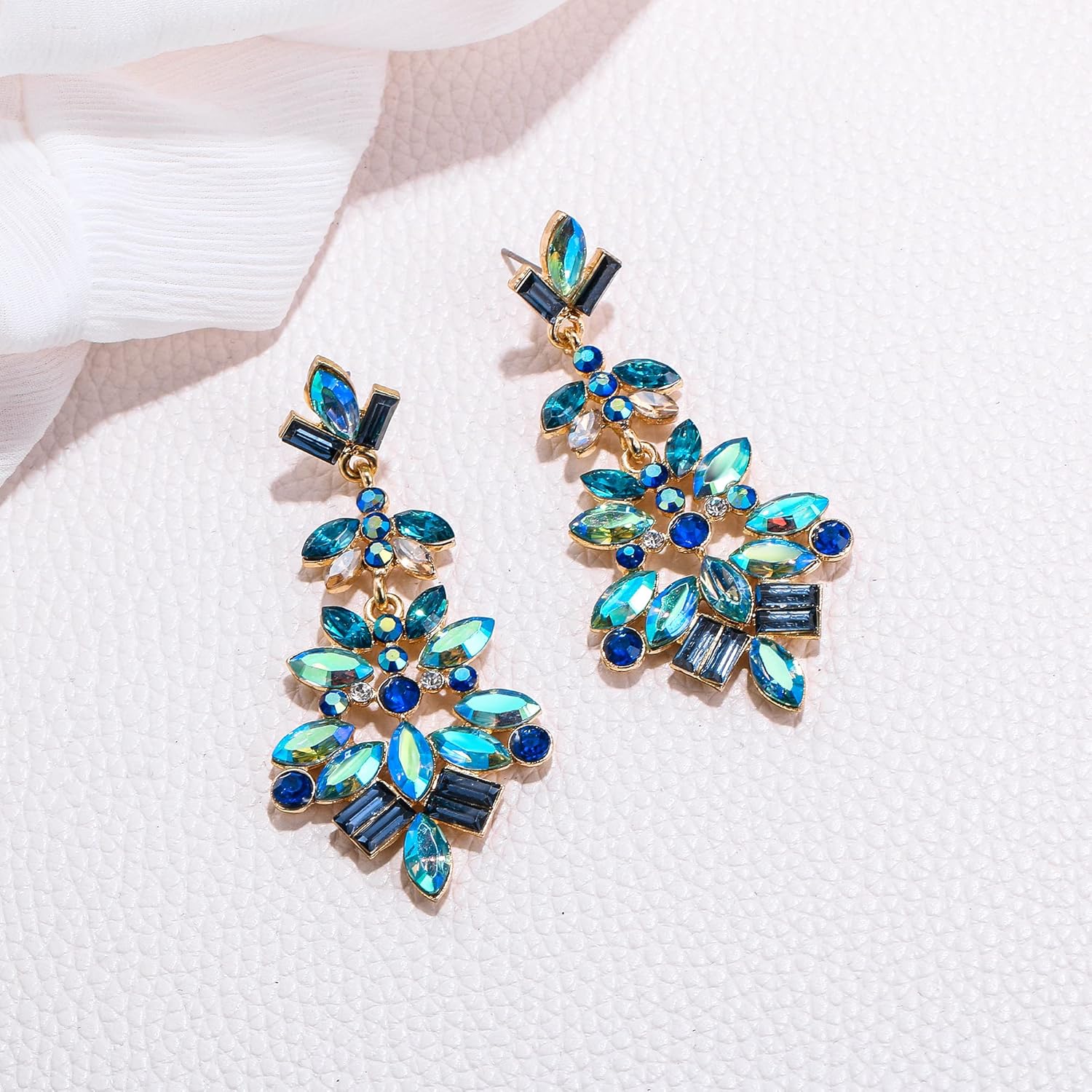 EleQueen Fashion Vintage Style Statement Drop Dangle Earrings Marquise Square Cluster Art Deco Crystal Earrings for Women Girls Blue Gold-Tone - Image 4