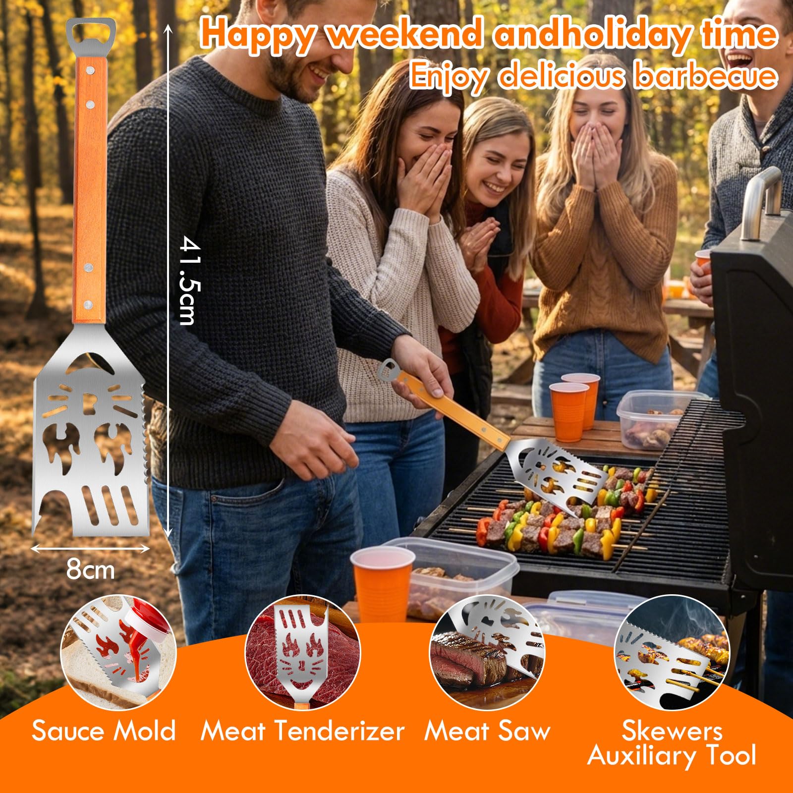 Ensemble d'ustensiles de barbecue en acier inoxydable 4 pièces avec pinces, spatule, fourchette à viande, manches en bois