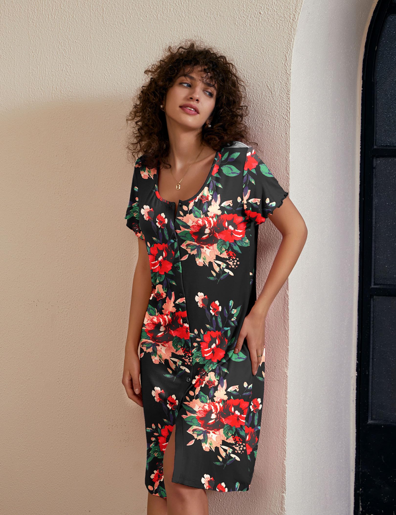 Ekouaer Camicia da Notte Donna Manica Corta Bottoni con Scollo a V Pigiama da Notte