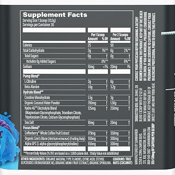 Sunwarrior Pre Workout Powder Energy Drink Vegan Plant-Based Supplement Pump, Hydrate, Focus, Endurance, Strength Builder Blue Raspberry Pineapple Flavored 30 Servings Active Preworkout