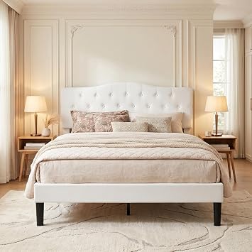 VECELO Queen Size Bed Frame with Upholstered Headboard, Velvet Platform Bedframe Mattress Foundation, Sturdy Wooden Slats Support,No Box Spring Needed Noise Free/Easy Assembly, White
