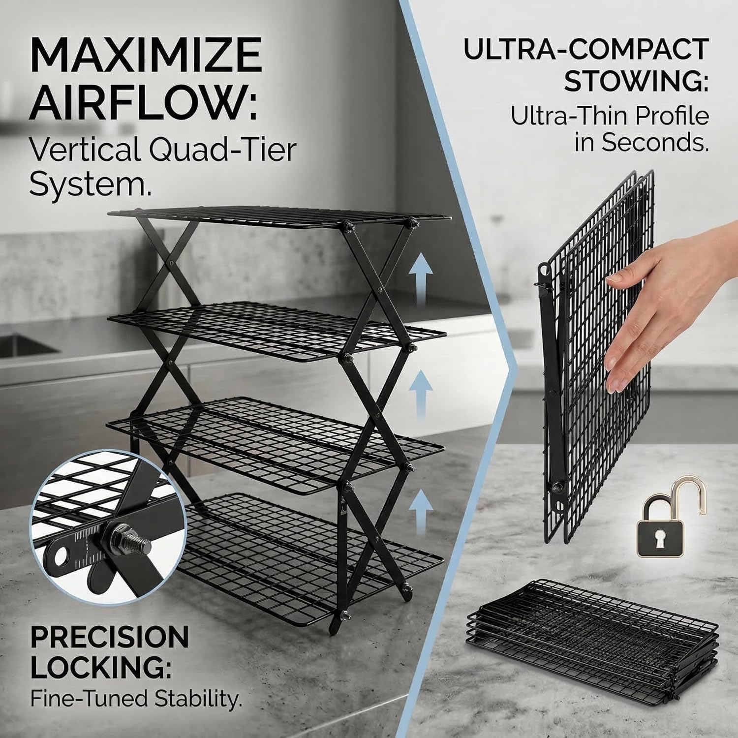 4-Tier Collapsible Cooling Rack for Baking | Adjustable Stackable Wire Rack for Cookies, Cakes & Roasting | Space-Saving Foldable Design for Small Kitchens & Camping (Black)