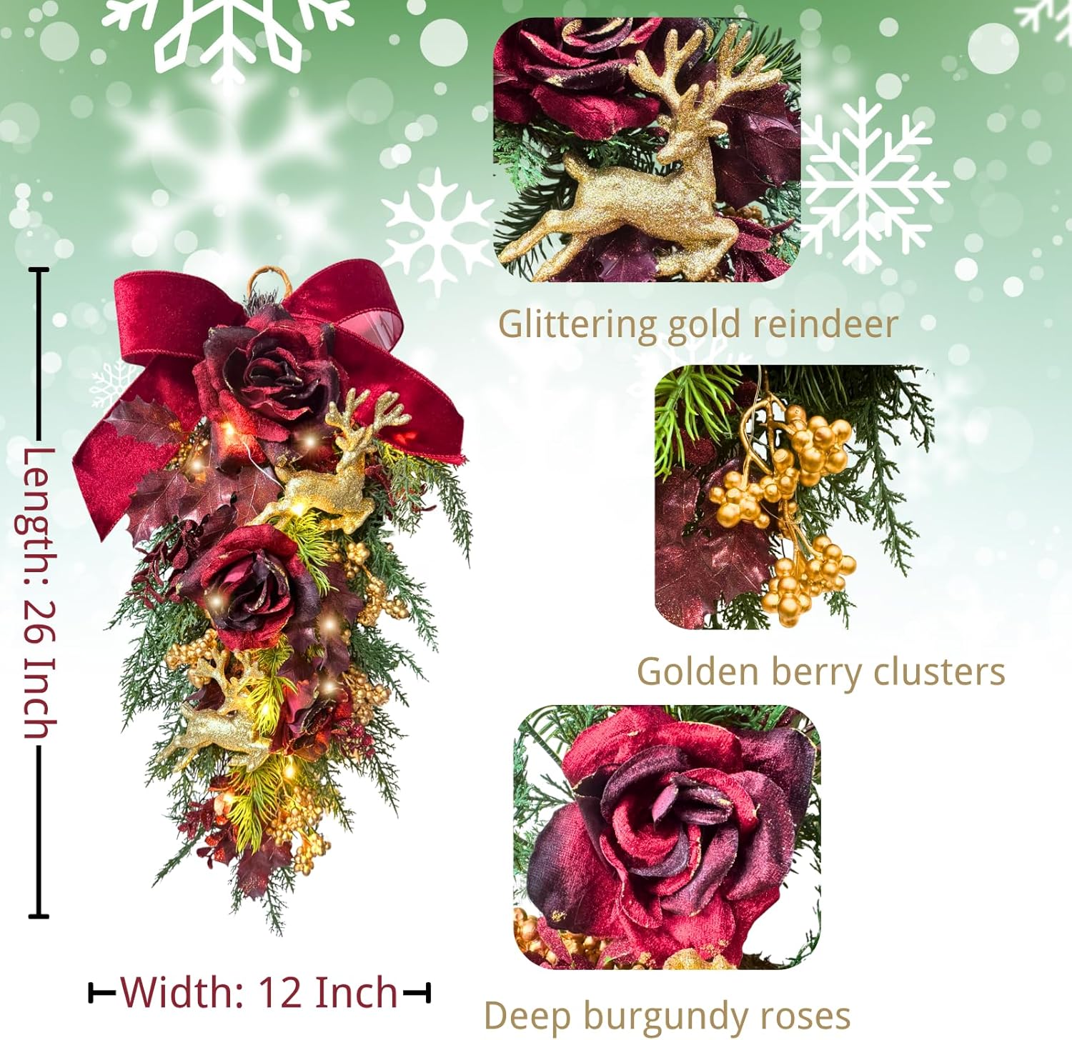 Svndlyn Christmas Swag Lighted Artificial Christmas Rose Teardrop with Timer Glitter Xmas Deer Reindeers Figurine Decor Pine Needles Golden Berries and Bow Holiday Winter Decor for Door Wall Mantel