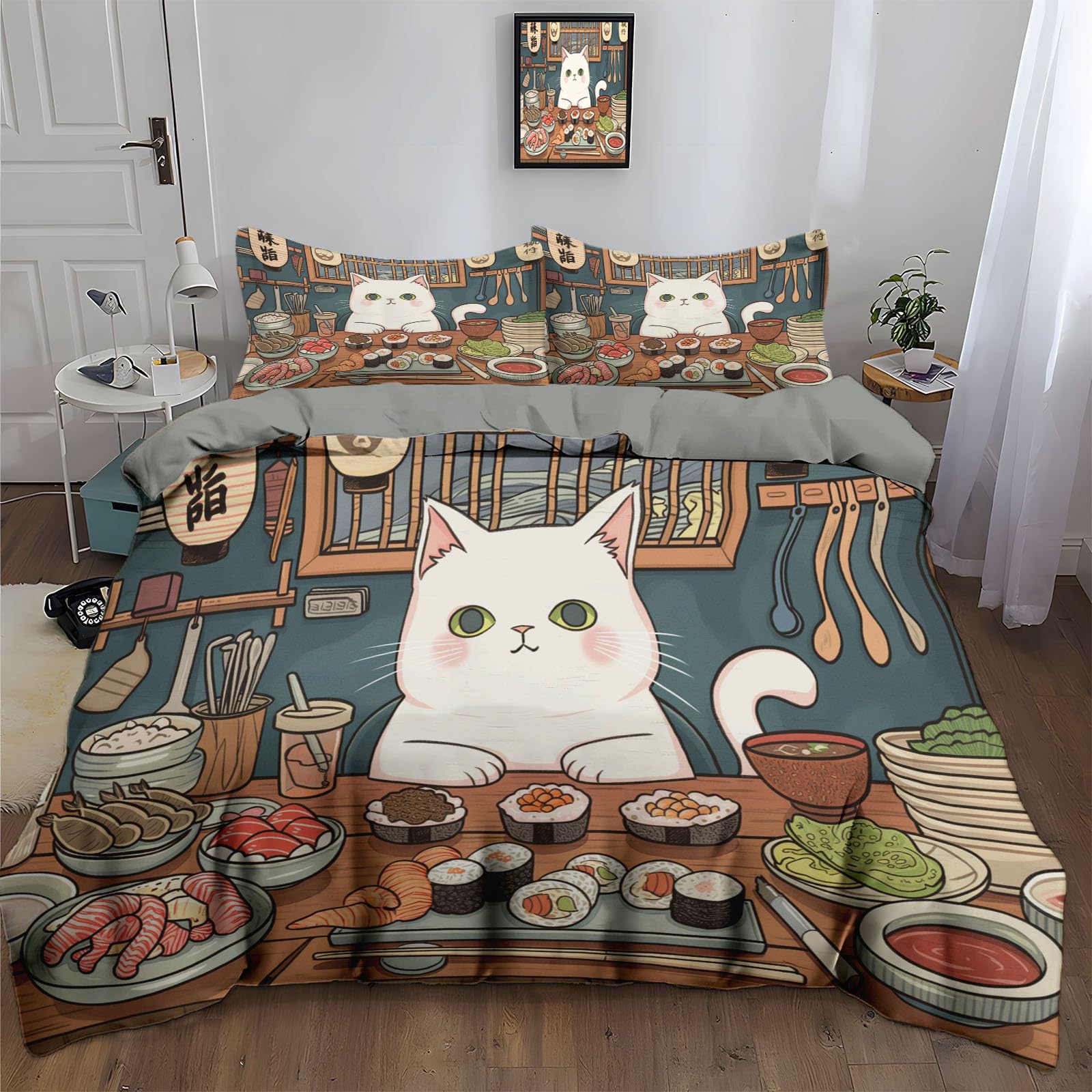 Housse de couette ultra douce motif chat japonais pour chambre zen