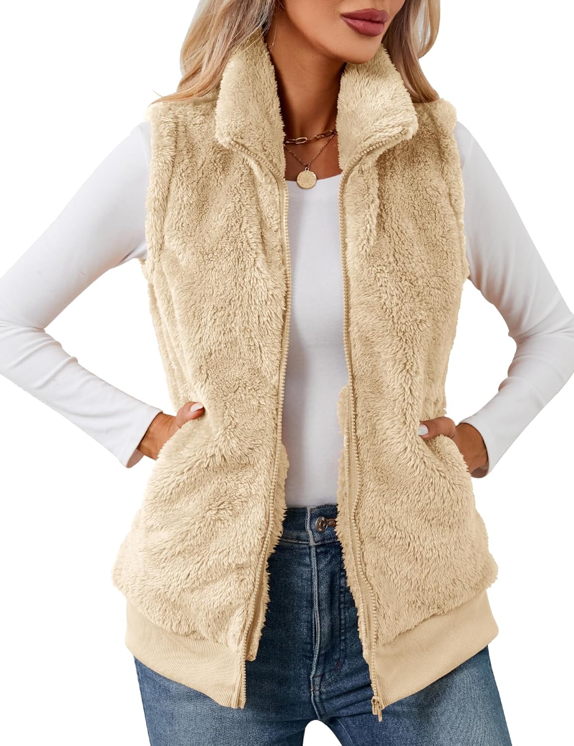 LOMON Womens Fuzzy Fleece Vest, Casual Warm Sleeveless Zip Up Sherpa Vest Jacket with Pockets for Fall/Winter