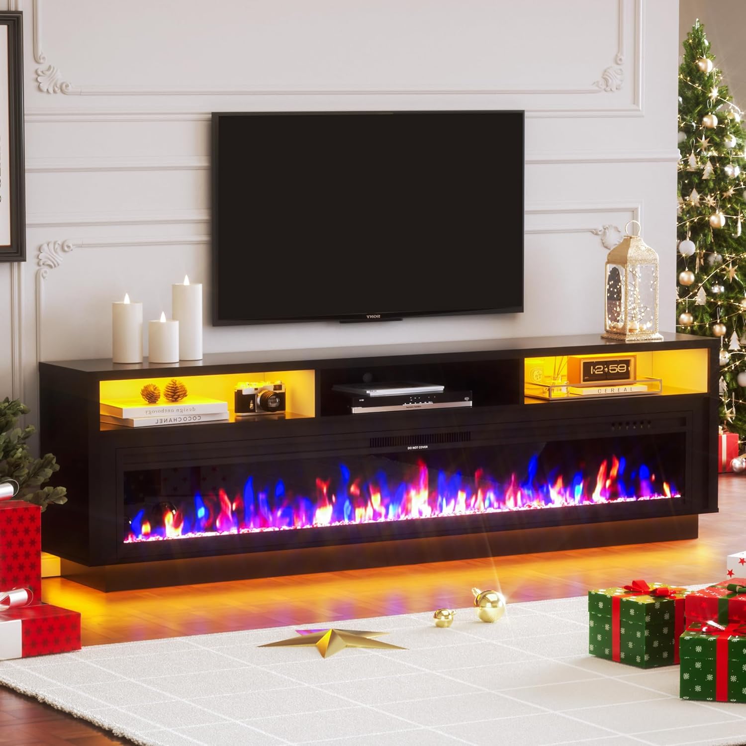 AHB TV Stand with 64" Electric Fireplace Up to 80" TVs, App Control LED Entertainment Center with Storage, 70 inch TV Console, Modern Television Stands, Black TV Cabinet for Living Room, Bedroom