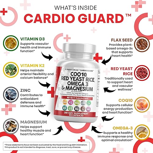 Miniatura 3 de Clean Nutraceuticals COQ10 200 mg de arroz de levadura roja Omega 3 Complejo de magnesio 500 mg Niacina Zinc Vitamina K2 D3 - Vitaminas de apoyo