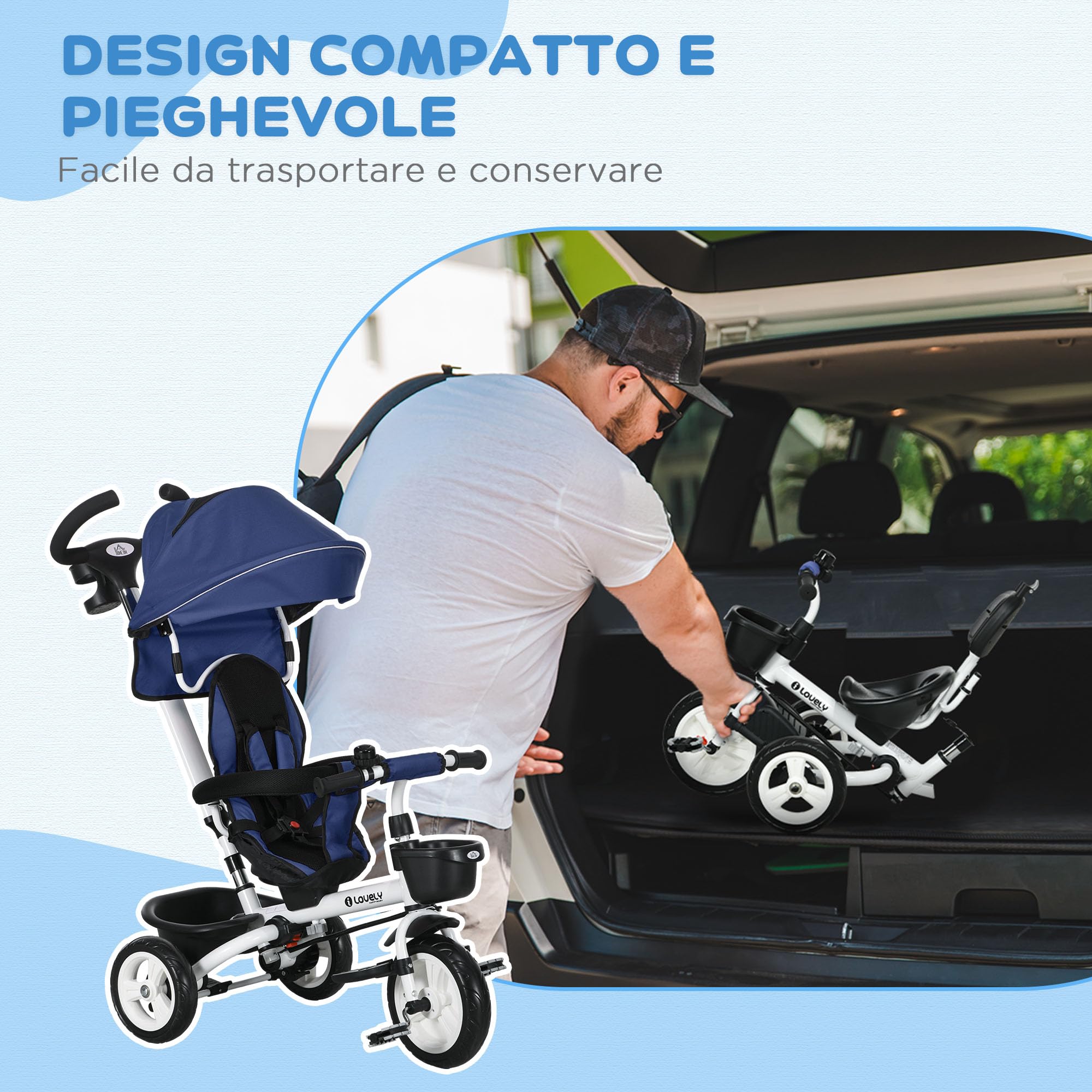 HOMCOM Triciclo per Bambini con Maniglione Multiuso, Parasole, Blu Scuro | Passeggino per Bambini, Parasole Regolabile, Cintura di Sicurezza e Cestino