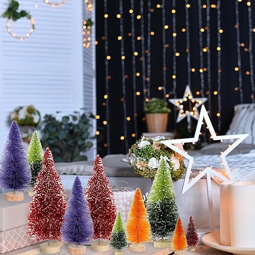 Miniatura 5 de 8 piezas de mini árbol de Navidad, árbol de Navidad artificial pequeño con base de madera, árboles de cepillo para botellas, colores surtidos para