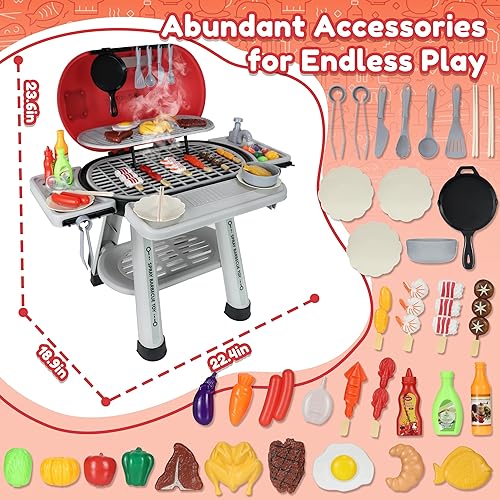 Miniatura 4 de Parrilla de barbacoa para niños con humo, sonido y luz – Parrilla de juguete interactiva para niños pequeños y niños, cocina al aire libre, comida