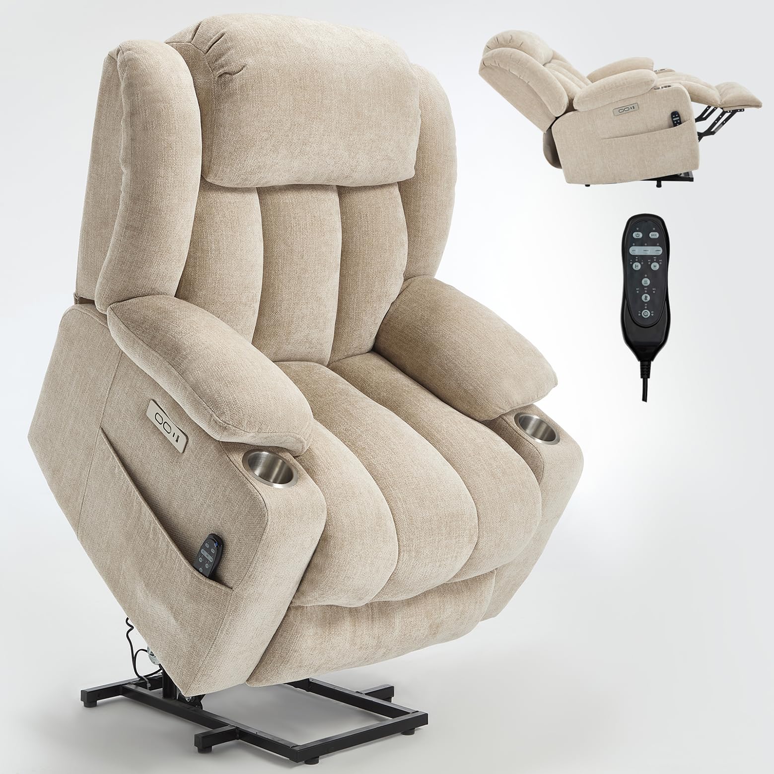 Photo 1 of RHHVVR Power Lift Recliner Chair, 350lb Capacity with 8-Point Massage & Heating, USB/Type-C Ports & Cup Holders, Heavy Duty Chenille Recliner for Elderly, Beige