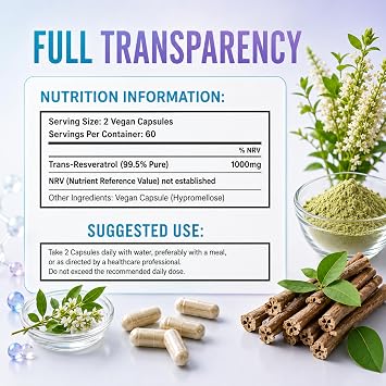 Puretrex Trans Resveratrol 1000mg, 120 Vegan Capsules, Healthy Aging