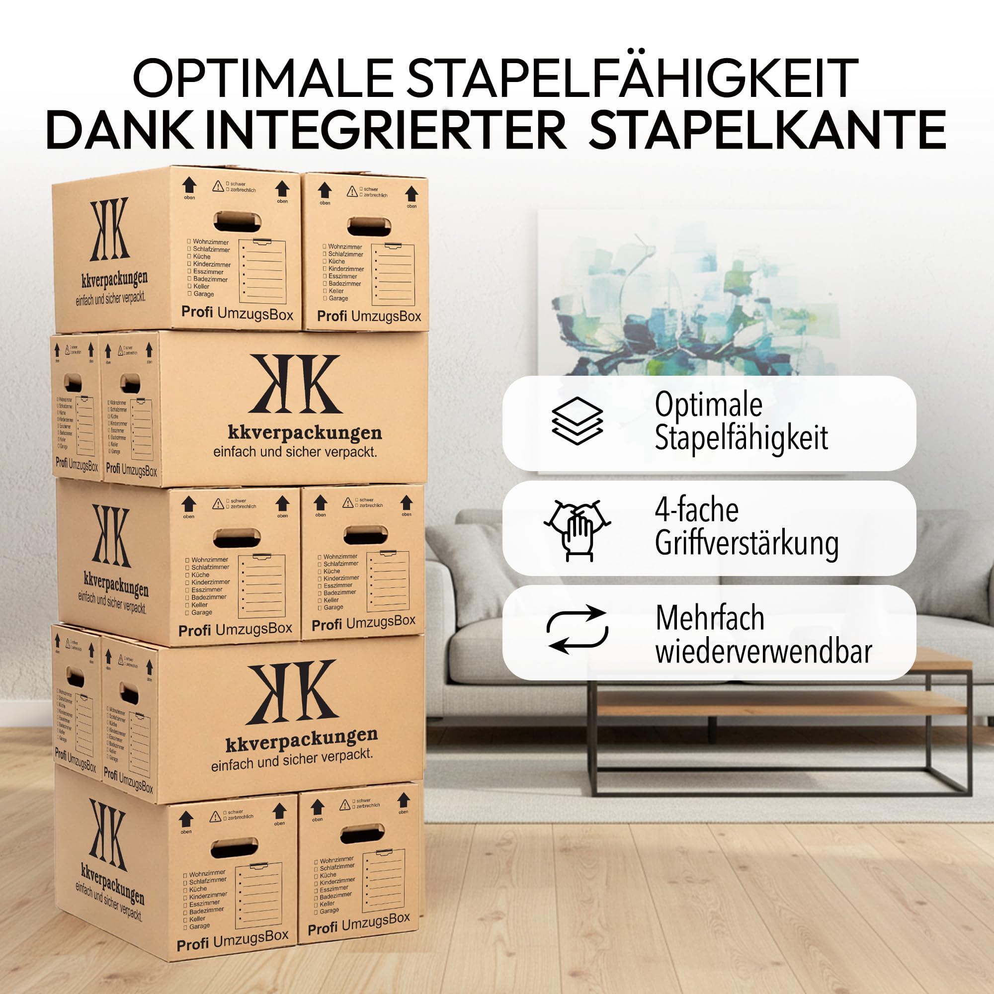 Cartons de déménagement 20 plis | Extra stable et empilable avec double arbre | Base papillon robuste | Capacité de charge élevée | Idéal pour chaque mouvement
