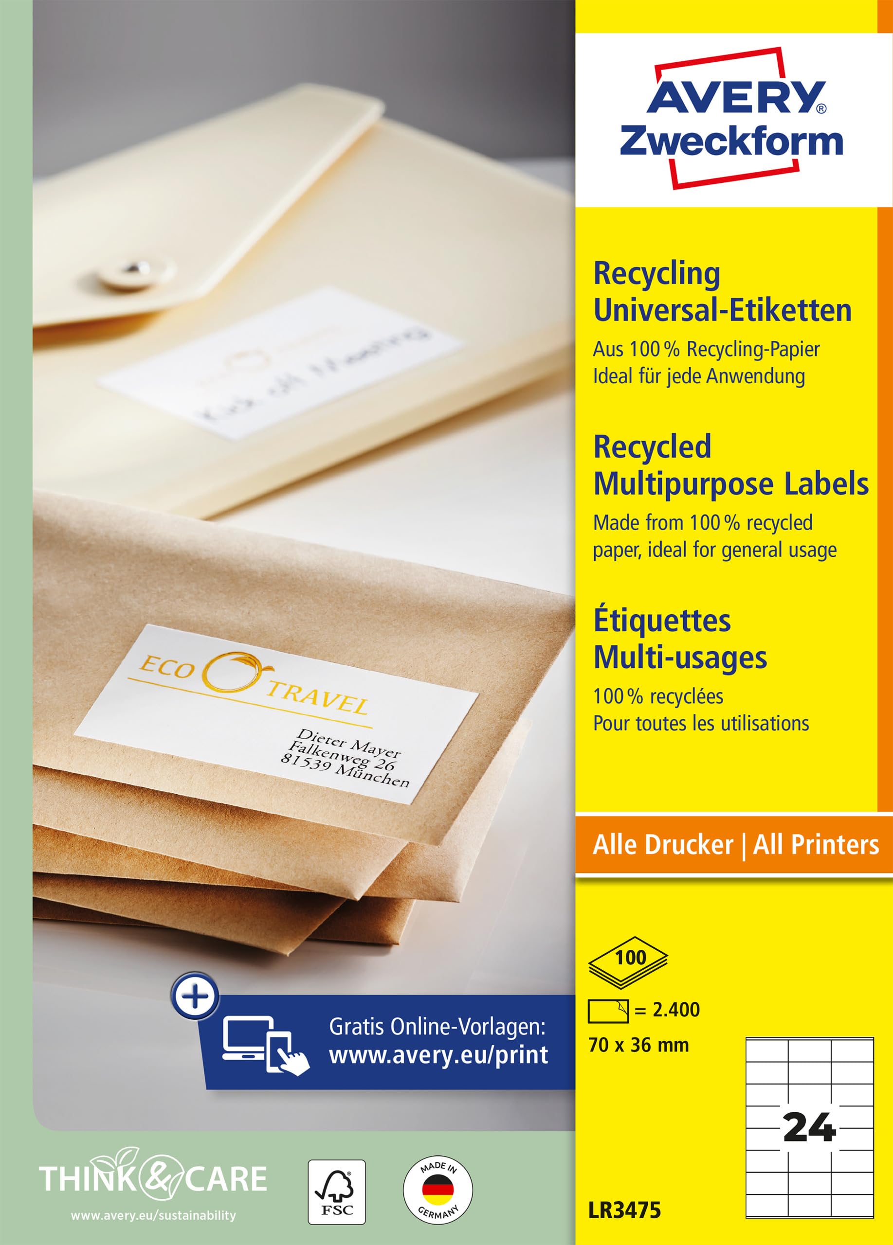 AVERY Zweckform LR3475 Recycling Etiketten (2.400 Adressaufkleber, 70x36mm auf A4, 100% recyceltes Altpapier, bedruckbare Adressetiketten, selbstklebende Klebeetiketten) 100 Blatt, naturweiß