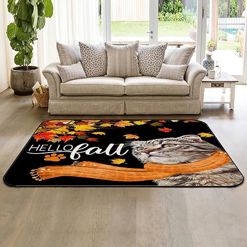 Large Area Rugs 2' x 3' Throw Carpet Floor Cover Nursery Rugs for Children, Hello Fall IndoorOutdoor Rugs for Living RoomBedroom Thanksgiving Cat