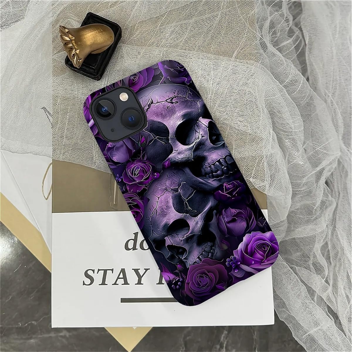 for iPhone 13/14 Case,Purple Skull Rose Pattern for Girl Women Boy Hard Hybrid Shell Shockproof Silicone Full Body Protective Case for iPhone 13/14 - Image 5