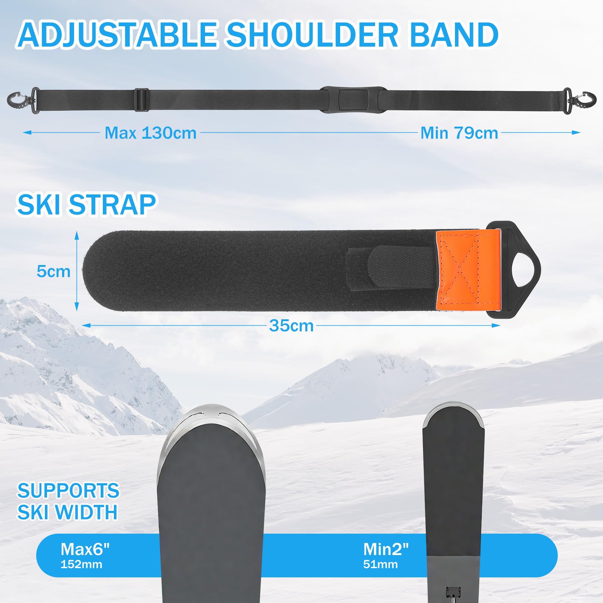Sangle de Transport pour Skis Réglable 79-130cm, Porte Ski Dorsal avec Bretelle Confort