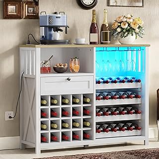 YITAHOME Wine Bar Cabinet with Led Light Power Outlet, Home Coffee Cabinet with Wine and Glass Rack, Kitchen Buffet Sideboard with Storage Shelves, Freestanding Liquor Cabinet for Dining Room, White