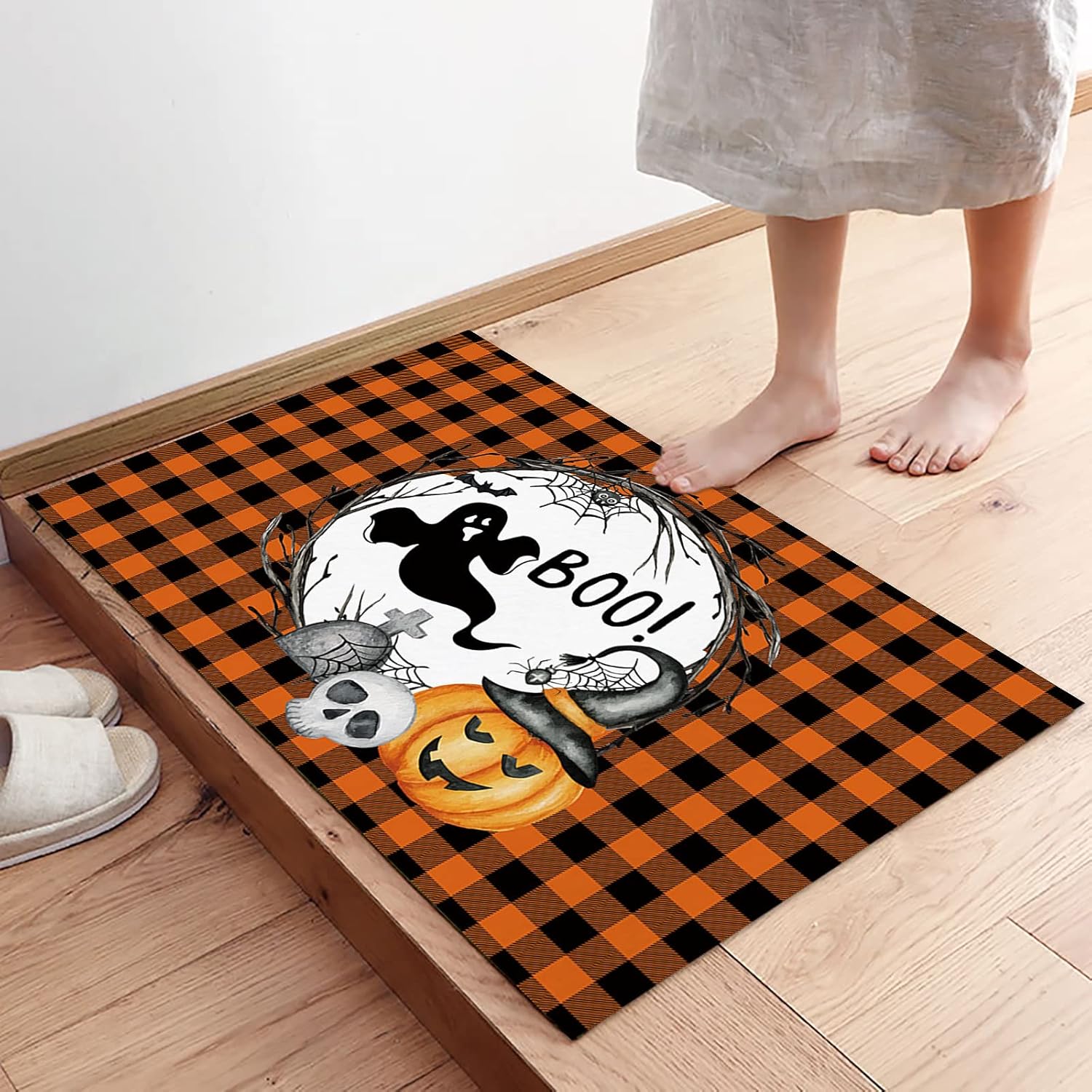 Halloween Boo Doormats Rugs- Ghost Spooky Pumpkin Witches Hat Non-Slip Entrance Door Mats Carpet Indoor for Home/Bathroom/Kitchen/Bedroom,Large 18x30inch, Buffalo Check Plaid Orange Black