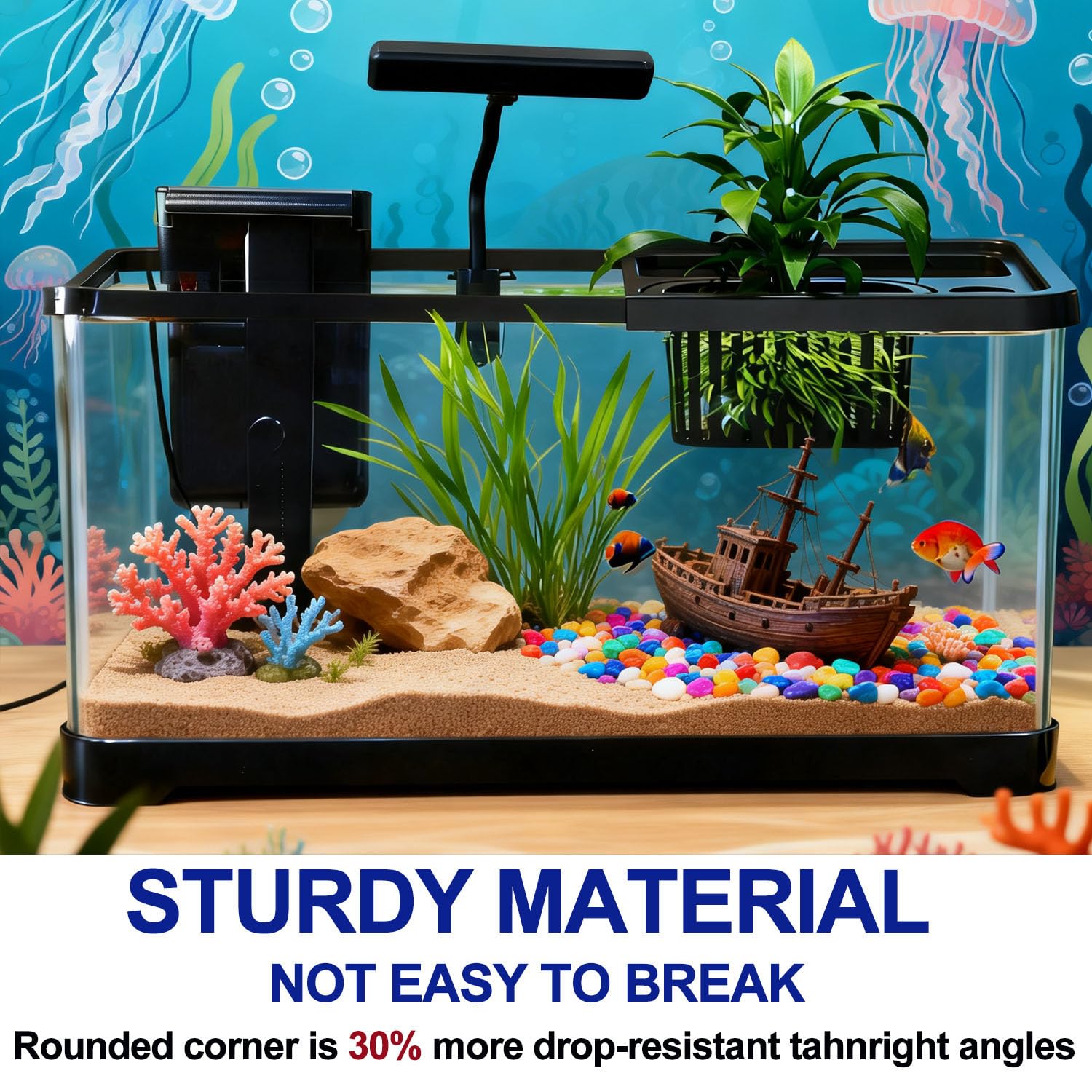 Aquarium-Starter-Set aus Kunststoff mit Filter, kleinem Netz und LED-Licht, für Betta, Nano-Aquarium aus Kunststoff mit Deckel (47 x 20 x 20,50 cm/schwarz)