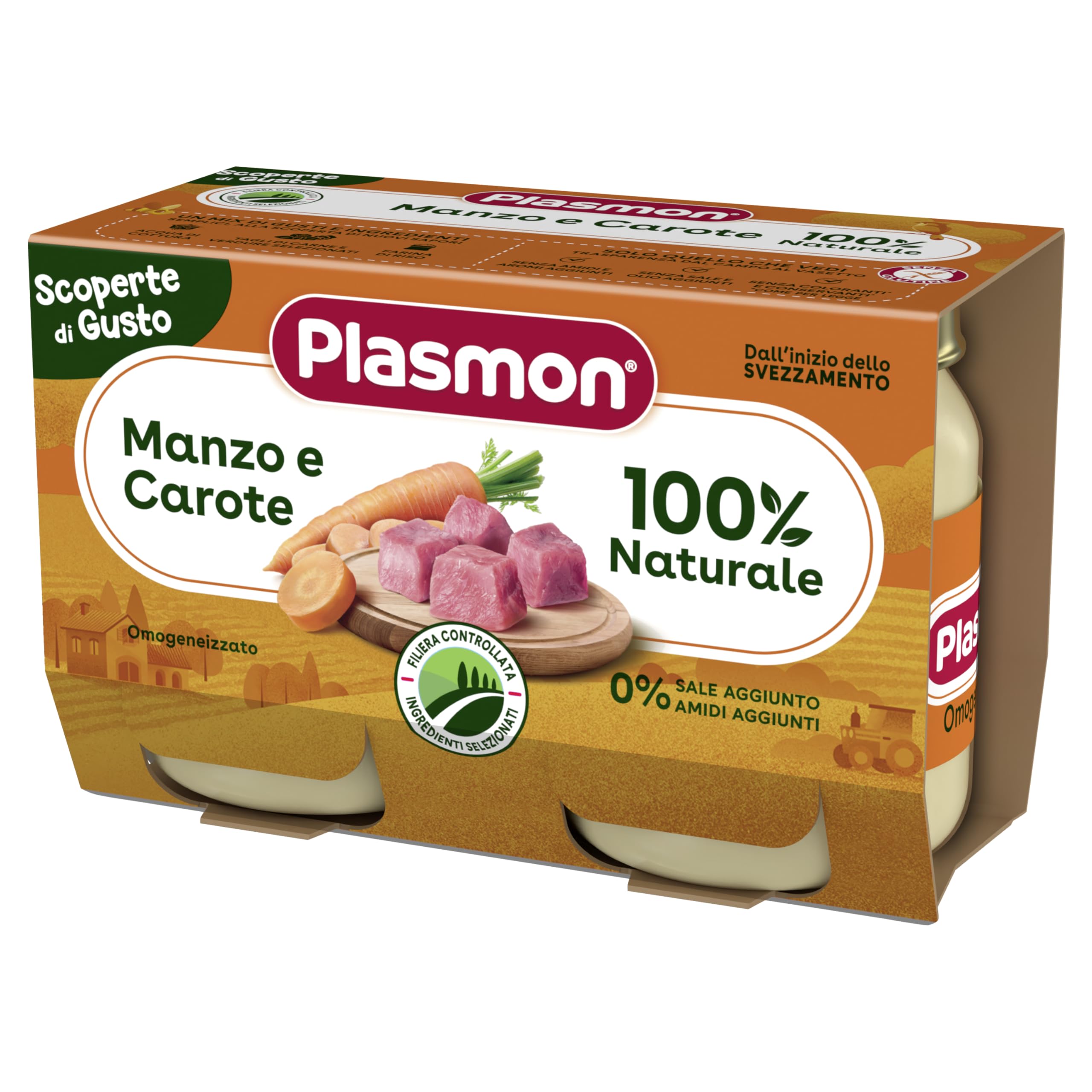 Plasmon Omogeneizzato Scoperte di Gusto Manzo e carote, 2x120g (12 Confezioni)