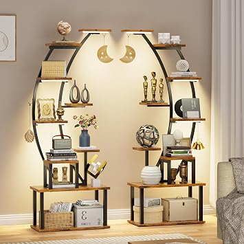 Tall Bookshelf with Lights, 2 Pack Ladder Bookshelves, 9 Tier Arched Home Office Storage Book Collectibles Shelves, 63" Modern Bookcase Display Shelf for Bedroom Living Room, Rustic Brown