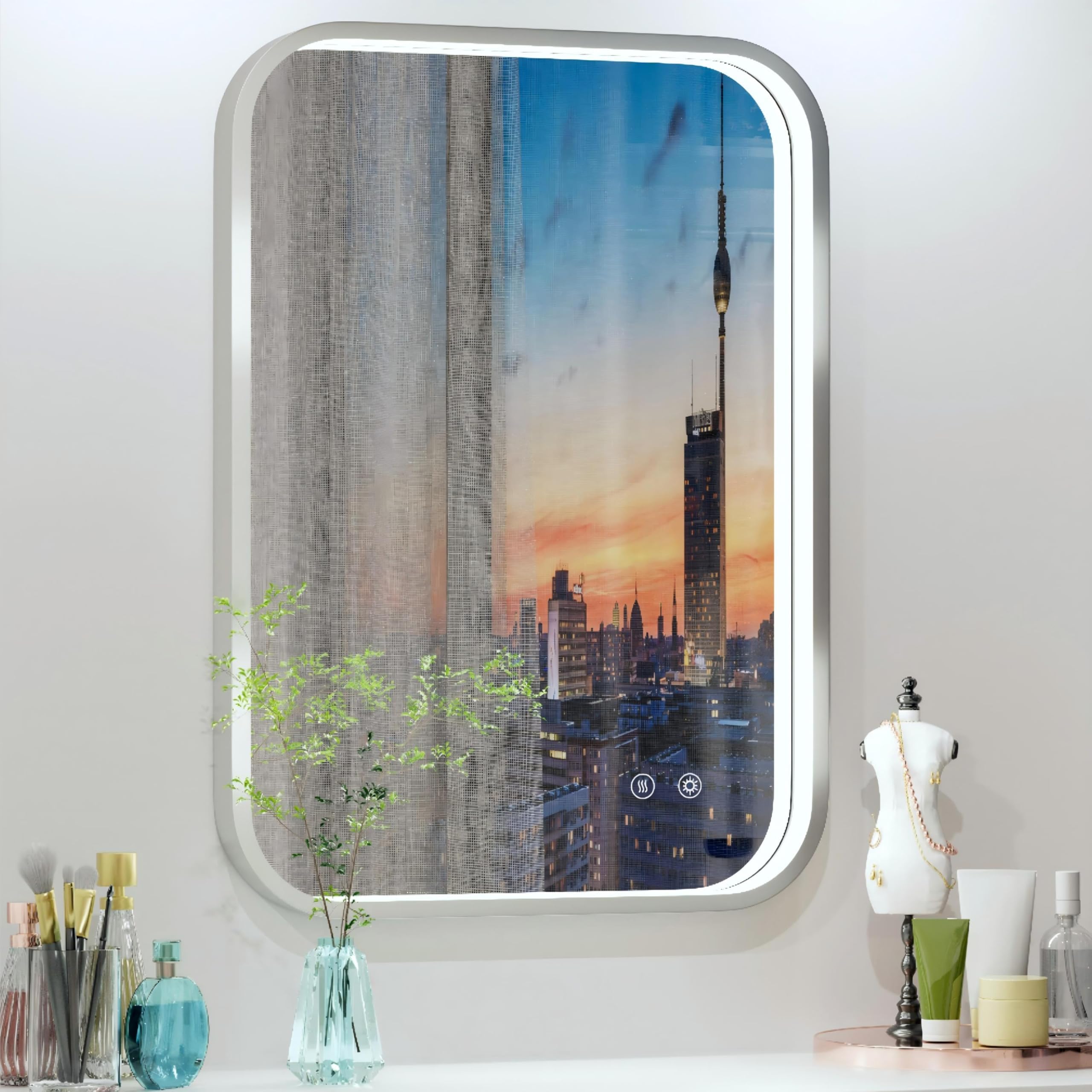 20x28 Inch Silver Frame LED Bathroom Mirror with Lights, Adjustable 3000K/4500K/6000K, Wall Mounted Lighted Bathroom Vanity Mirrors, Anti-Fog, Dimmable, Memory Function, Horizontal/Vertical
