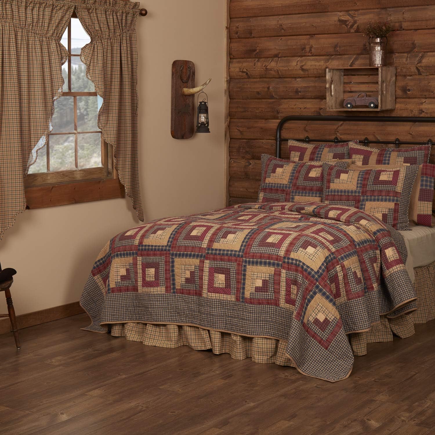 VHC Brands Millsboro Luxury King Quilt 120Wx105L Log Cabin Country Rustic Lodge Design, Burgundy