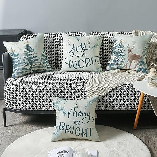 Miniatura 7 de Juego de 4 fundas de almohada de Navidad de 18 x 18 pulgadas, decoración de Navidad, árbol de Navidad, renos, fundas de cojín de casa de campo para
