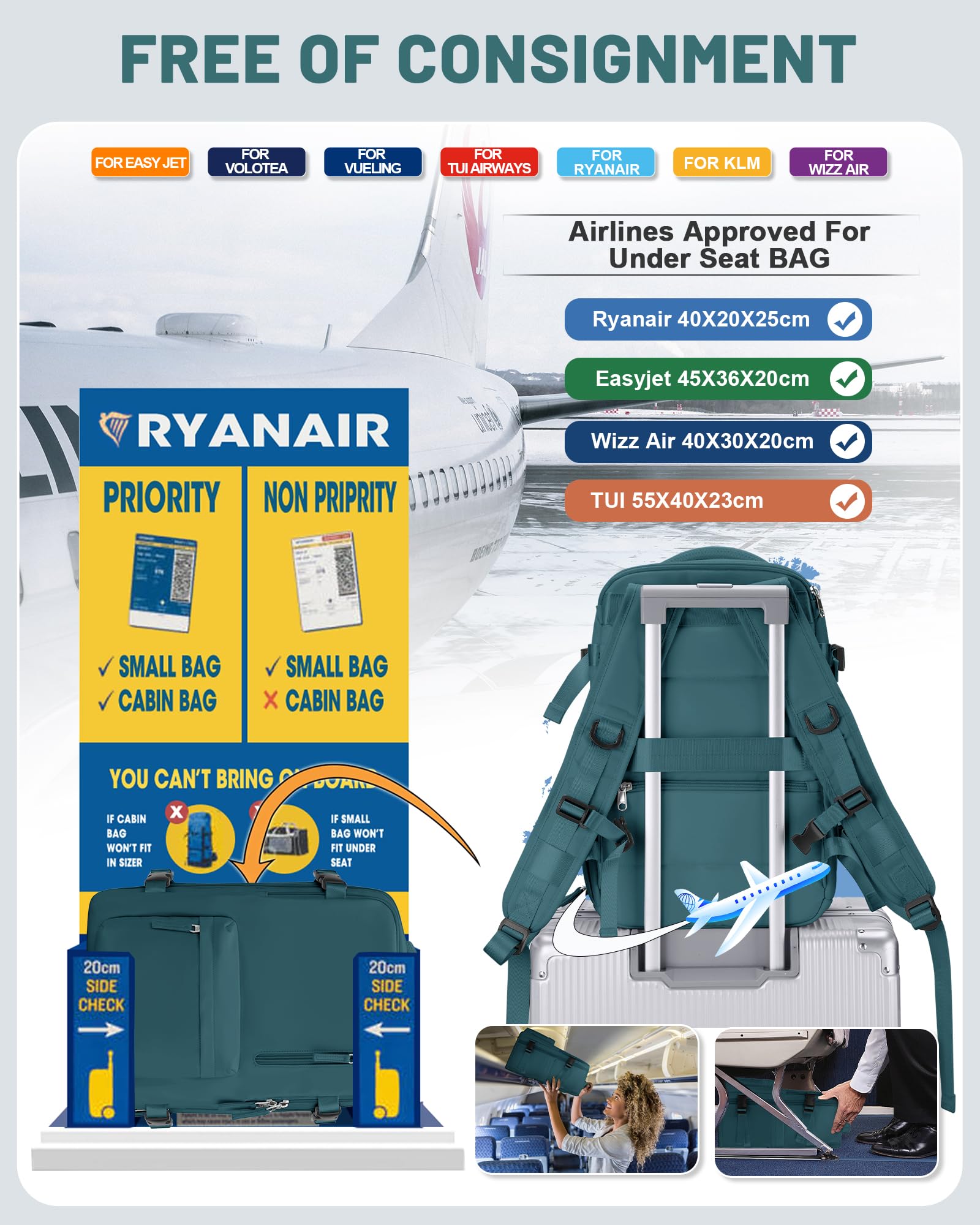 bergsalz Zaino Sottovuoto Ryanair 40x20x25 Viaggio Con Pompa Zaino Da Viaggio 40x20x25 Da Donna Uomo Aereo Bagaglio a Mano Con Sottovuoto Incorporato blu Pavone