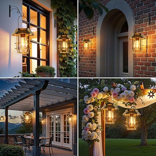 Miniatura 5 de Faroles solares impermeables para exteriores, luces solares colgantes de alto brillo para exteriores con ganchos de pared, faroles de metal retro