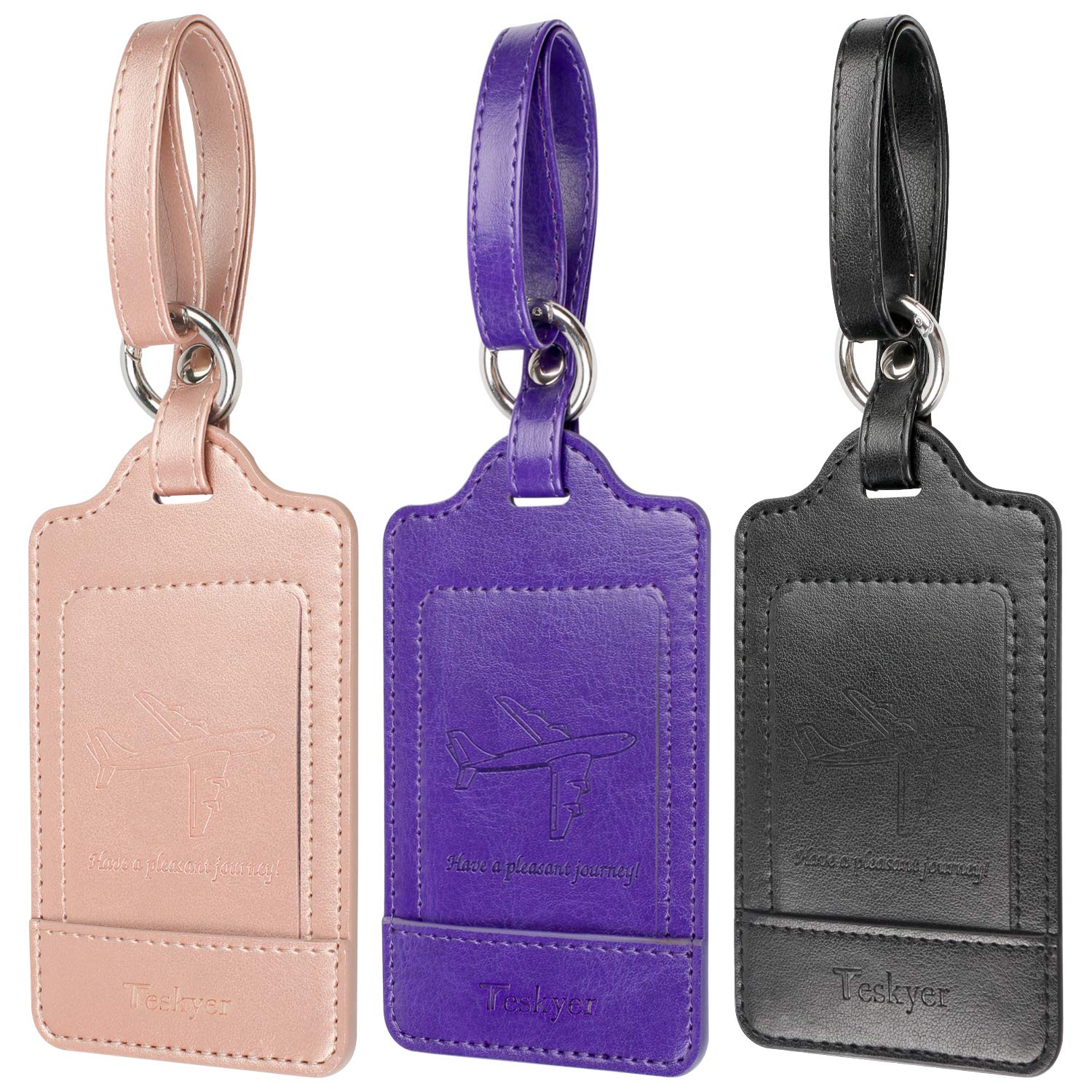 Teskyer 荷物タグ ネームタグ スーツケースタグ 出張用タグ 番号札 バッグ用ネームタグ レザー 旅行タグ トラベル用 旅行手荷物 ラベル 紛失防止 三枚入り(ブラック+ローズゴールド+パープル)