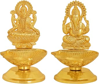 SATVIK Set of 1 Pc Laxmi Ganesha Pair Metal Diya Luxmi Ganpati Dia Lord Ganesh Lakshmi Murti Idol Statue Oil Lamp Decor Home Mandir Office Indian Hindu Diwali Pooja Pujan Housewarming Return Gift Item