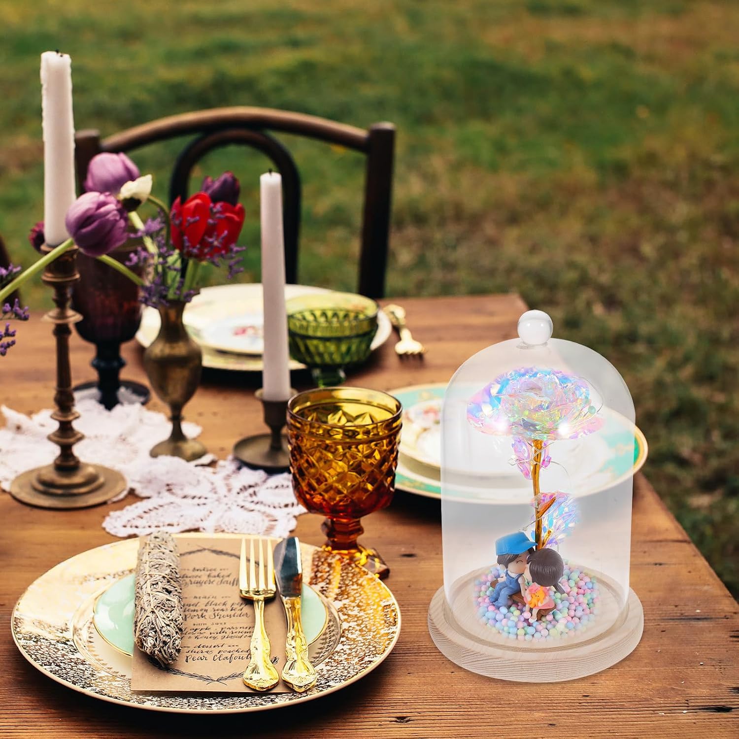 KOMBIUDA Glass Dome Display Case Glass Cloche with Removable Bird Handle and Solid Wood Base Easy Access and Storage for Shelf or Dining Table Decor for Plants, Succulents, Fairy