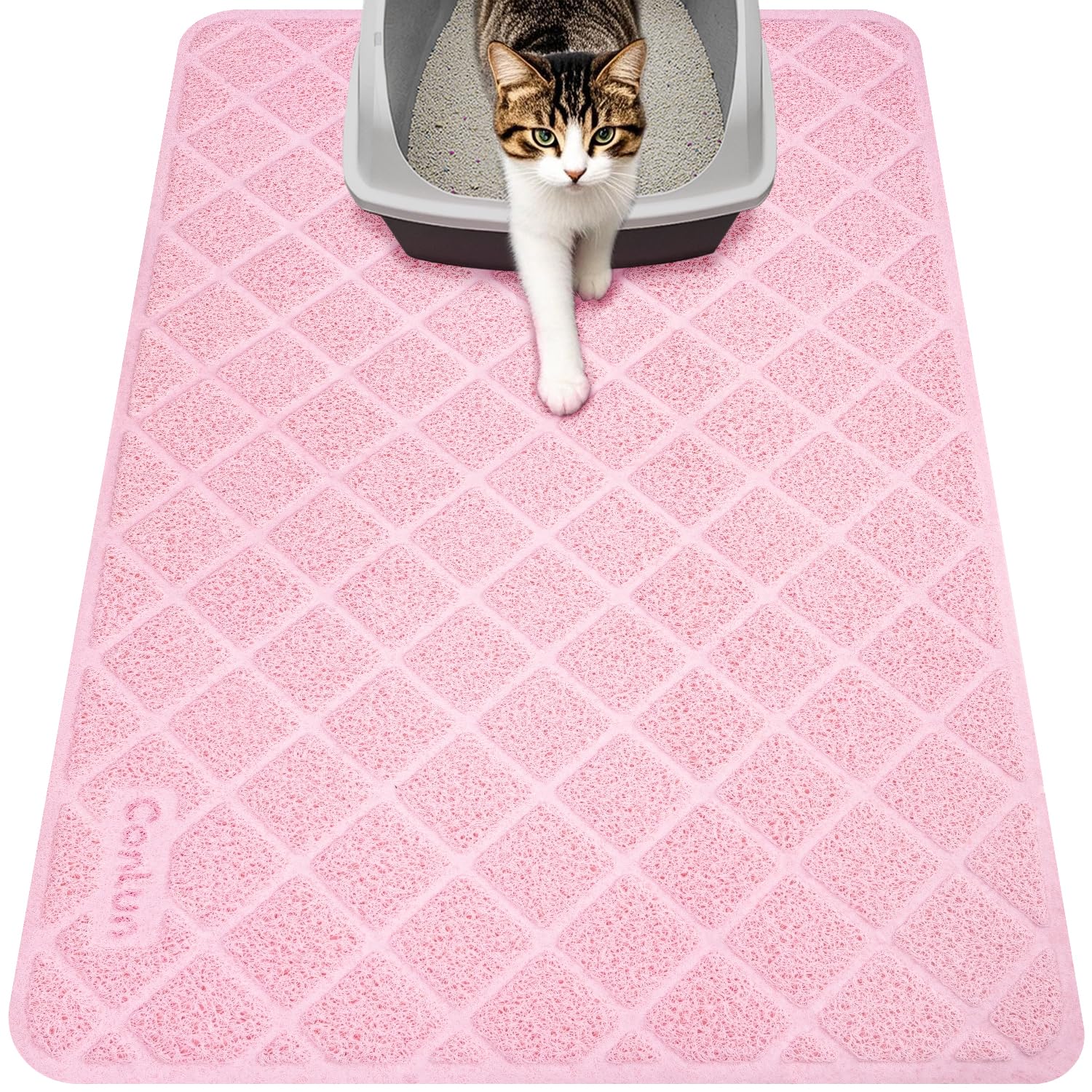 Conlun Cat Litter Mat Litter Trapping Mat, 35" x 23" Premium Durable PVC Grid Mesh with Scatter Control, Non-slip, Less Waste Cat Litter Box Mat, Pink